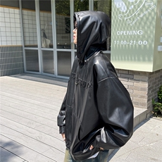 港风秋装潮美式复古压印立体情侣卫衣PU皮衣外套男女G1066P78，男装皮衣，电商A339