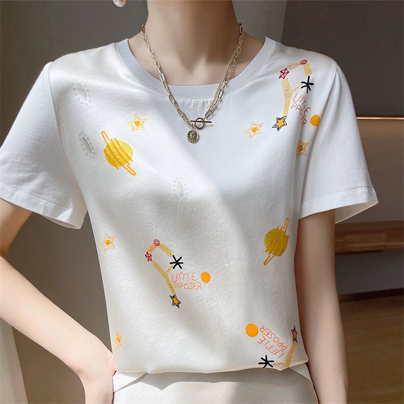 重磅真丝t恤女短袖印花桑蚕丝白色圆领小衫2024夏装半袖短款上衣，女装T恤，兴泰羊绒