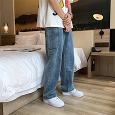2021潮牌贴标直筒牛仔裤男宽松坠感阔腿裤潮流工装裤男K910-P42，男装牛仔裤，星座512-2