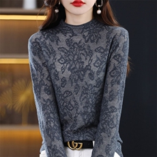 秋冬新款羊绒衫半高领蕾丝镂空内搭针织套头毛衣女修身羊毛打底衫，女装蕾丝衫/雪纺衫，暖烁羊绒