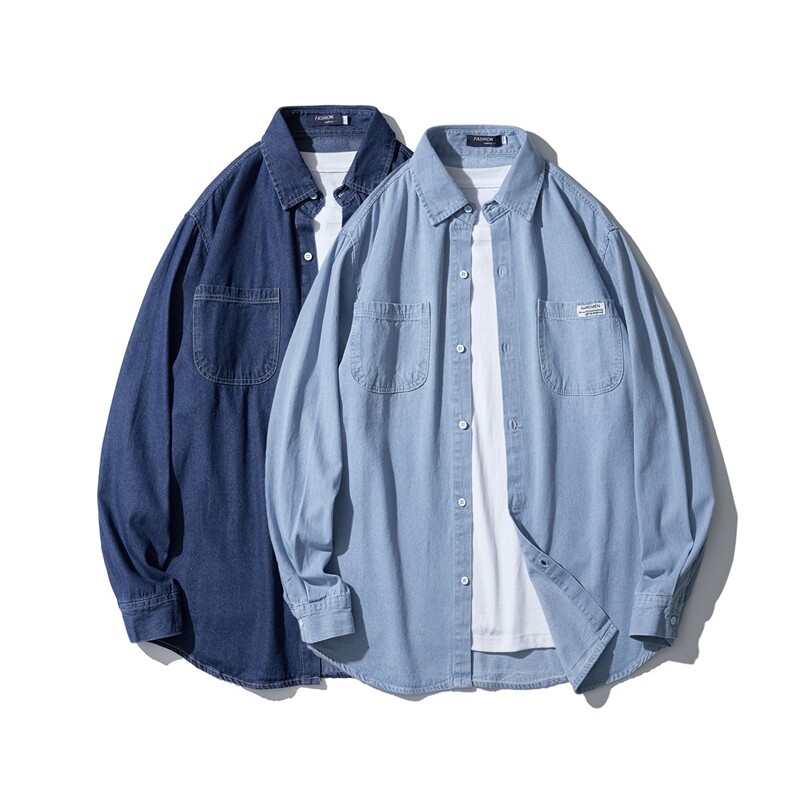 秋男牛仔长袖衬衫字母印花贴标休闲衬衣外套加大码M-4XL CS29 P45图片