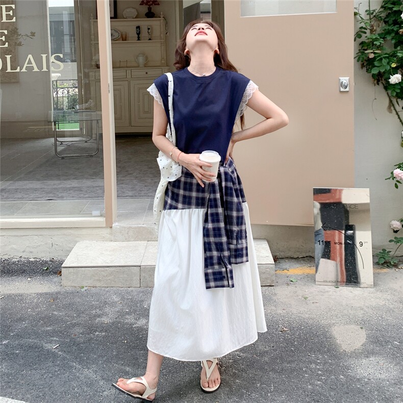 法式复古气质收腰显瘦假两件拼接连衣裙女2025夏季新款设计感小众,女装连衣裙,1C130
