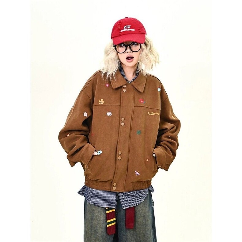 新品小花刺绣翻领外套男女美式复古短款百搭情侣夹克,男装夹克,星座613
