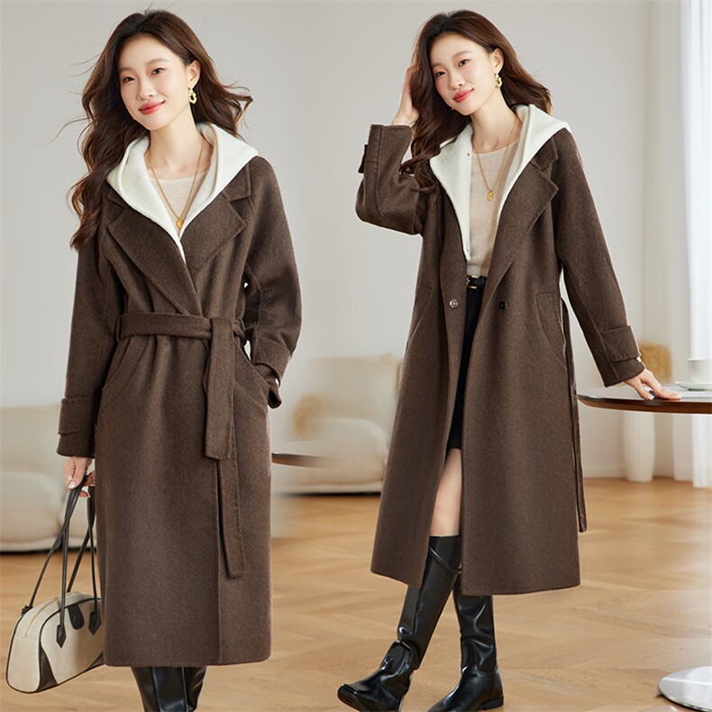 2024年秋冬季新款时尚休闲帽子可拆卸长款双面羊绒大衣，女装双面呢大衣，臻衣坊