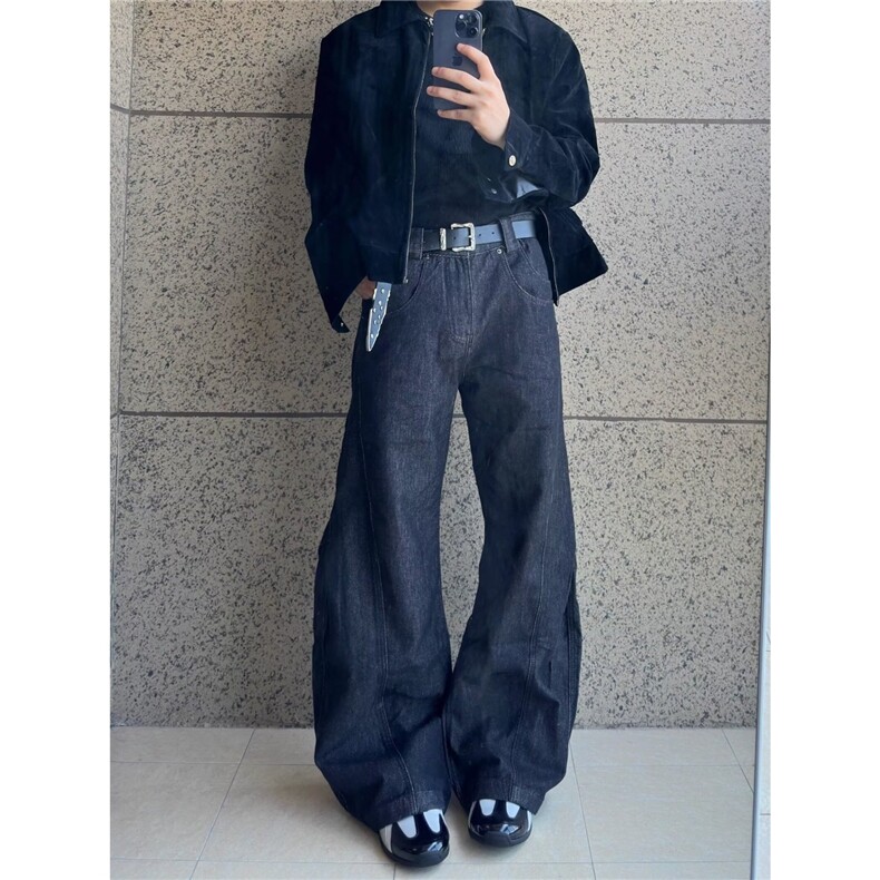 深蓝灰色直筒牛仔裤2025春夏美式复古宽松显瘦显高阔腿拖地长裤图片