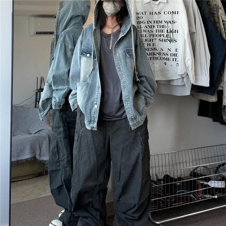 春季美式高街做旧连帽牛仔外套男士潮牌潮流春秋情侣宽松痞帅夹克,男装工装外套,星座1013