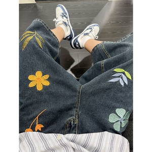 B221 美式ins高街宽松花朵刺绣七分牛仔裤短裤 LK25536-特P45控78图片