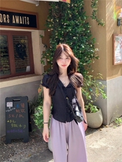 紫色花边莱赛尔天丝冰感百搭垂感空调阔腿裤，女装休闲裤，湘姗