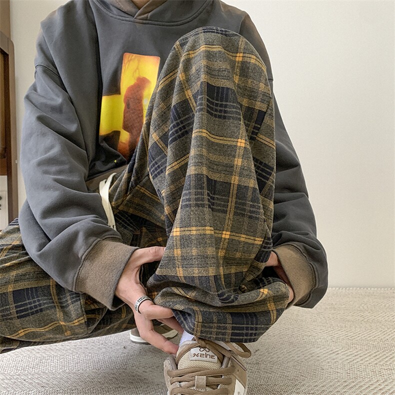 撞色格子裤子男秋季垂感美式复古软糯慵懒风直筒拖地阔腿休闲长裤图片