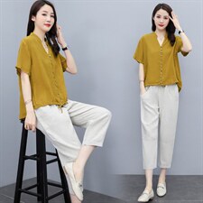 2022夏装新款时尚气质优雅宽松显瘦舒适亚麻两件套套裤，女装套装/套裙，铭街依杨
