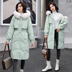 2020年冬季新款拉链收腰连帽大毛领中长款羽绒服图片