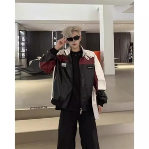 网络图现货  美式潮牌pu皮衣情侣拼接撞色痞帅骑行服JK8574-P75图片