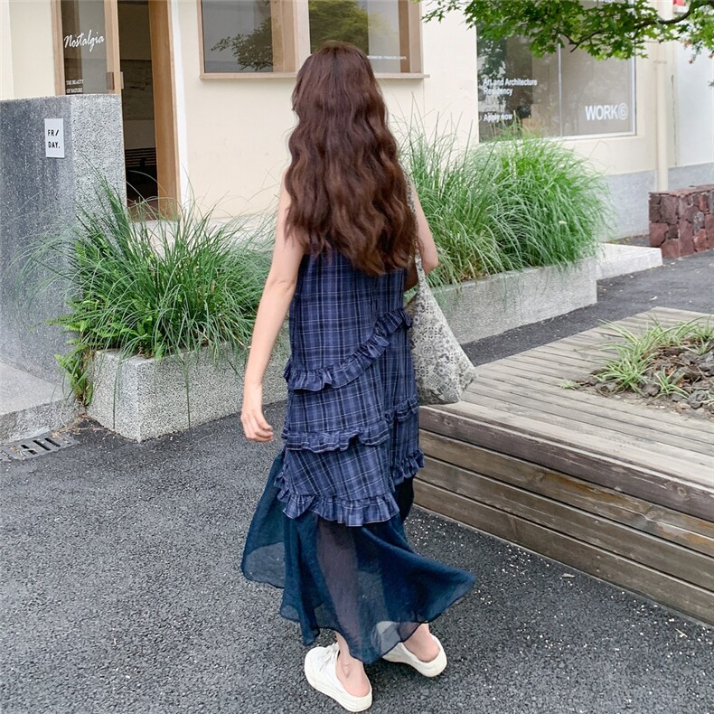 法式复古木耳边格纹无袖连衣裙女2025夏季新款宽松显瘦长裤背心裙,女装连衣裙,2C258