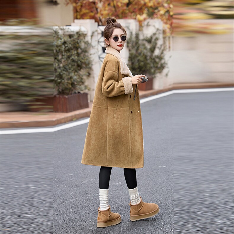 爆款羊羔毛皮毛一体外套女中长款2025春秋新款过膝保暖鹿皮绒棉服,女装棉衣/棉服,自然秀