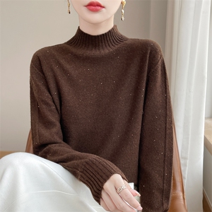 七针无缝珠片半高肩双条简约百搭羊毛针织衫图片