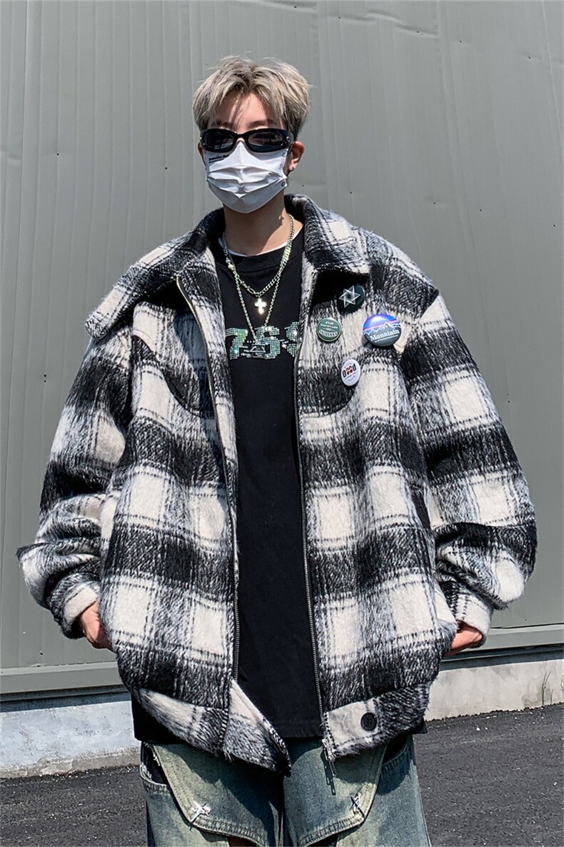 格子毛呢大衣男秋冬季2024新款日系复古潮牌痞帅宽松短款呢料外套,男装毛呢大衣,星座505-2（原电商A260-1)