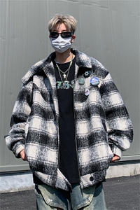格子毛呢大衣男秋冬季2024新款日系复古潮牌痞帅宽松短款呢料外套图片