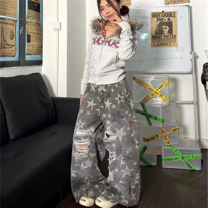 2025美式复古水洗褪色结构迷彩弯刀工装裤boxy街头宽松阔腿休闲裤,男装工装外套,星座506A