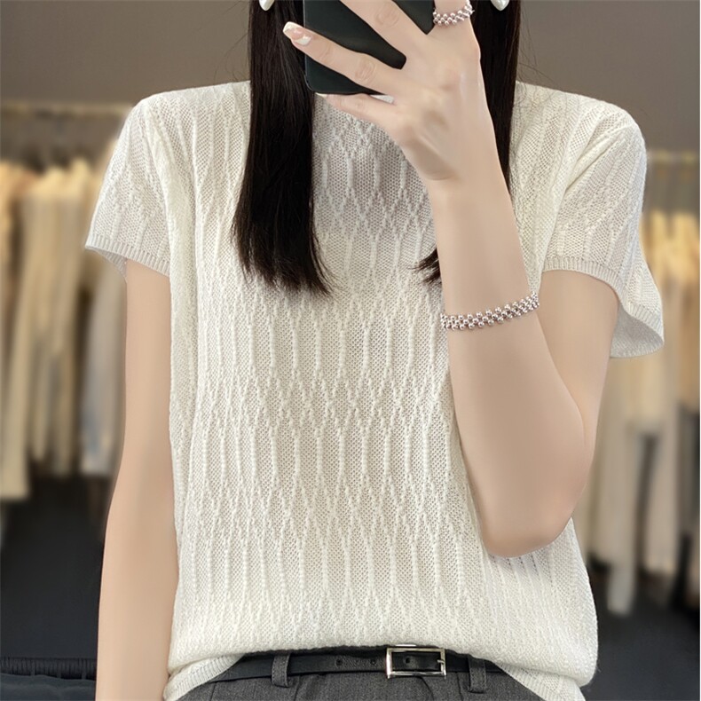 薄款精纺羊毛针织短袖女t恤复古菱形提花背心春夏上衣体恤小衫,针织衫/毛衣,唯若美羊绒