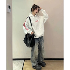 抖音得物高品质480克全棉加绒加厚宽松织带连帽印花卫衣A2302，男装卫衣，电商A443