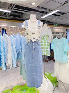夏装立体花朵重工吊带背心+牛仔背带裙,女装背心吊带,WOOSING