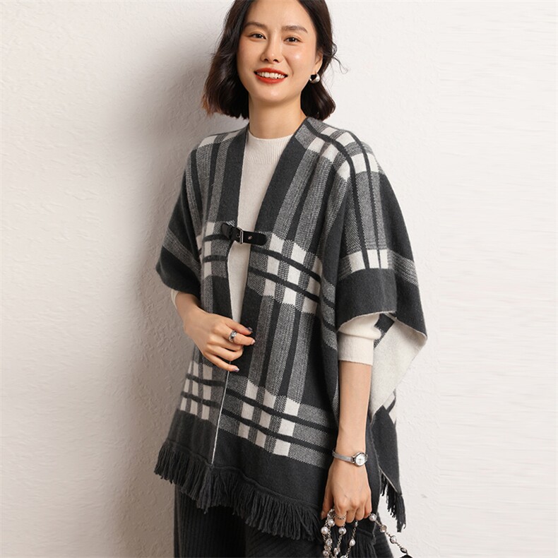 四季可穿山羊绒斗篷披风女可穿流苏格子外搭披肩,饰品披肩,五色羊羊绒