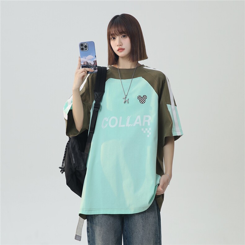 2025夏季新款美式复古拼接T恤短袖T1074P35控49230克双纱100棉,男装T恤,电商A148-1