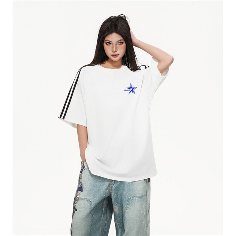 抖音得物高品质二开240克宽松纯棉美式潮牌三条杠织带短袖T恤，男装T恤，电商A486