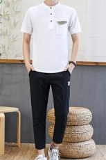 夏季男短袖t恤亚麻套装中国风休闲大码夏装棉麻一套衣服TZ65-P45，男装T恤，星座509