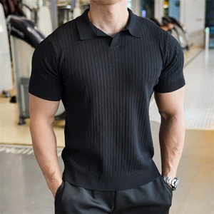 老钱风纯色条纹V领针织男短袖翻领上午冰丝Polo衫75010/P48图片