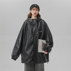 中性连帽鳄鱼纹PU皮衣大码情侣休闲冲锋衣夹克男JK8744P90控128，女装短外套，星座226-1