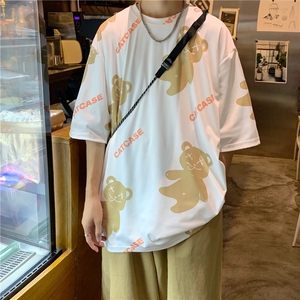 ins原宿小熊印花短袖t恤男士宽松圆领字母印花夏季新款 T210-P22图片