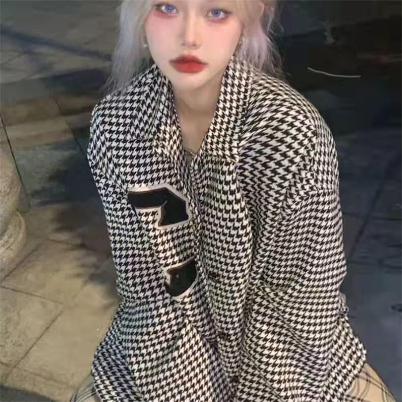 女装小香风千鸟格外套女春秋宽松百搭炸街夹克上衣ins潮毛呢外套,男装夹克,四季星座505