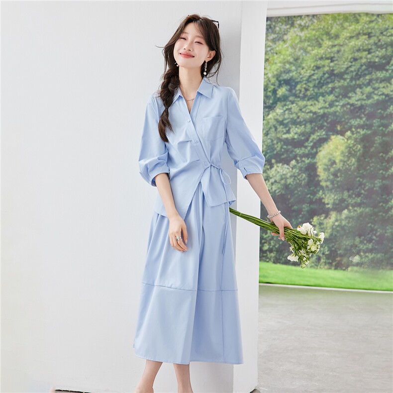 《现货26夏上新》蓝色气质收腰衬衫+半裙伞裙显瘦两件套女，女装套装/套裙，苗苗