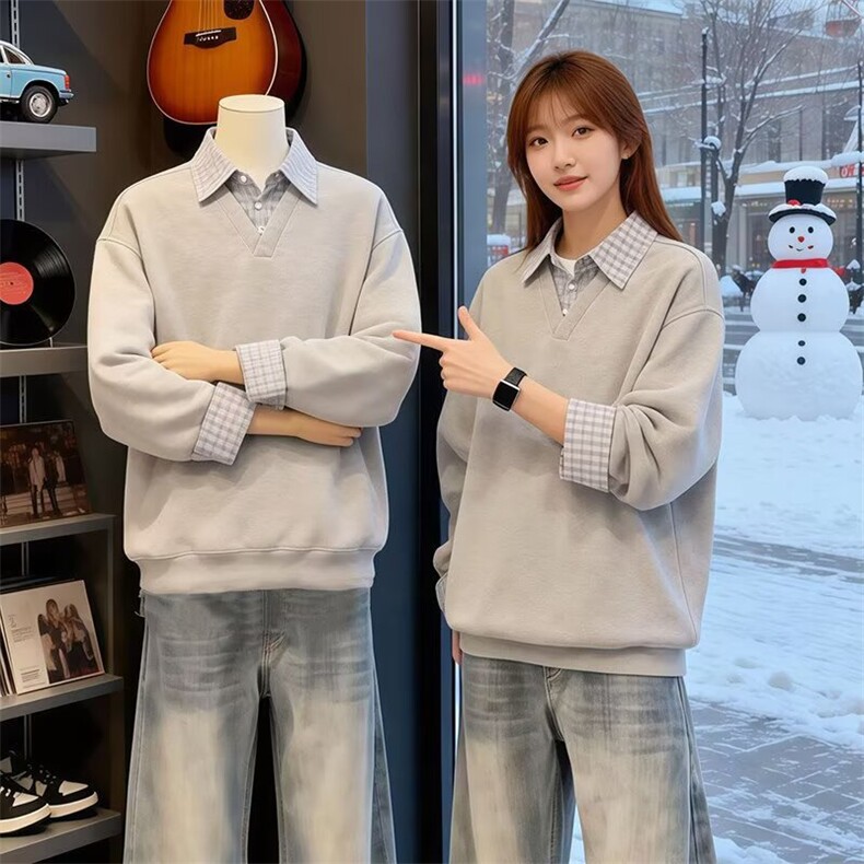 假两件翻领卫衣男女春秋2026新款美式潮牌宽松拼接Polo领休闲外套，女装短外套，星座1210-1