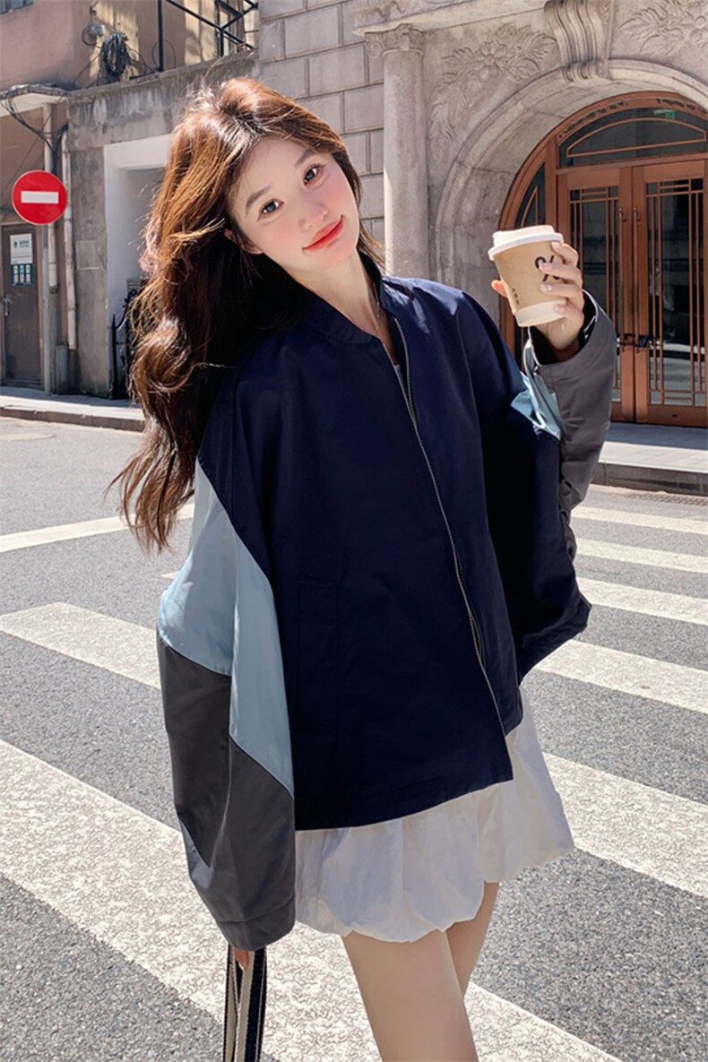 休闲撞色拼接藏蓝色短外套女春秋2025新款小个子减龄巨好看高级感,女装短外套,2D143