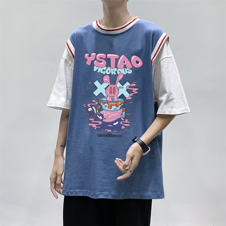 假两件休闲T恤衫2023夏季新款韩版宽松美式篮球服上衣 T1267-P28图片