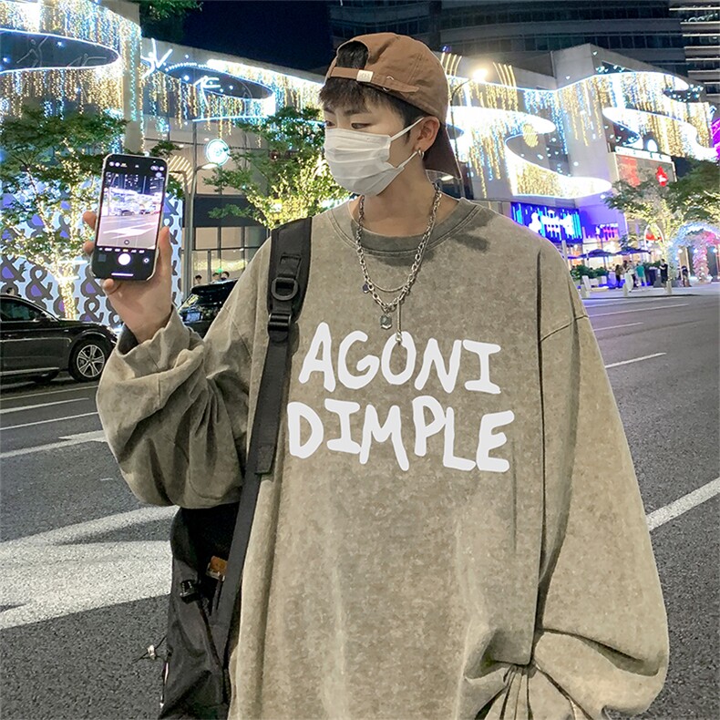 直播品质重磅纯棉美式蜡染水洗做旧潮牌宽松长袖t恤CT377特P38,男装T恤,电商A486