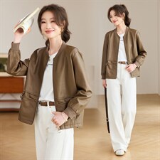 2026年春季棒球领休闲水洗皮短款外套，女装皮衣，文熹诺