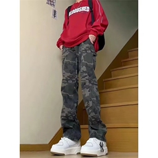 抖音得物美式复古迷彩微喇工装裤男款vibe高街裤子修身牛仔裤AK11，男装牛仔裤，电商A443