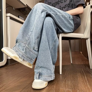 反穿设计感裤子男夏季新款美式hiphop水洗牛仔裤潮牌宽松微喇长裤图片