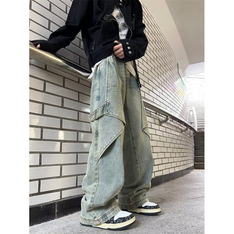 泥黄色工装牛仔裤男春秋季美式高街阔腿裤设计感潮牌宽松直筒裤子图片
