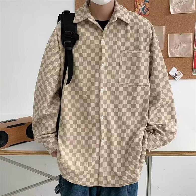 C499P36灯芯绒青少年常规无品牌棋盘格长袖衬衫男秋季美式,男装衬衫,星座512-6