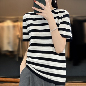 撞色条纹100%纯棉T恤女薄款圆领短袖夏季新款宽松慵懒风半袖打底图片