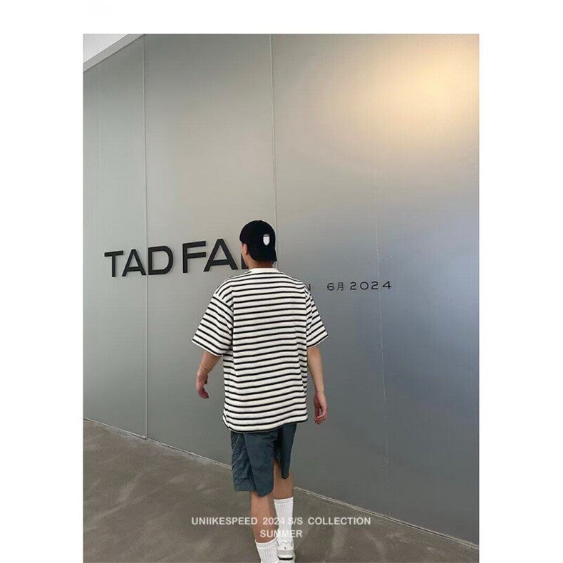 W9476-P43网图现货日系简约条纹短袖t恤潮流宽松落肩针织上衣,男装T恤,星座1608-2