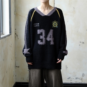 美式机车风v领毛衣男女秋冬宽松拼接针织衫撞色情侣上衣insMY9228图片