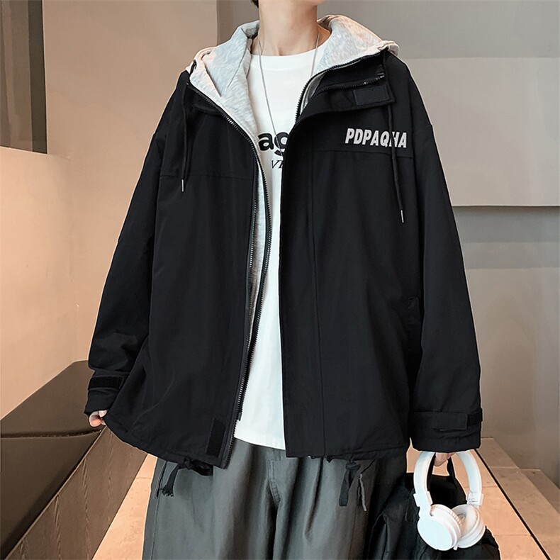 港风秋款男假两件夹克连帽字母印花魔术贴休闲外套JK260P65,男装夹克,星座1013-1