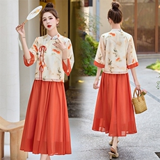新风中式改良立领印花汉服套装裙292P135，女装套装/套裙，乐衣轩