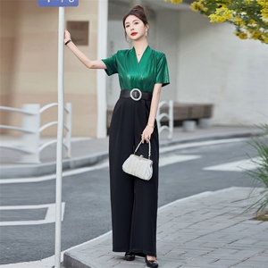 设计感御姐时尚气质轻奢连体裤女2025夏季短袖高腰拼接修身连衣裤图片