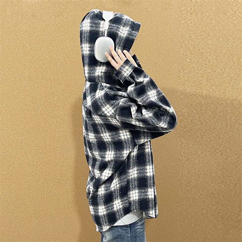 春装新款格子连帽衬衫潮流宽松夹克百搭休闲上衣A086-SY6292-P50，男装夹克，电商基地A086
